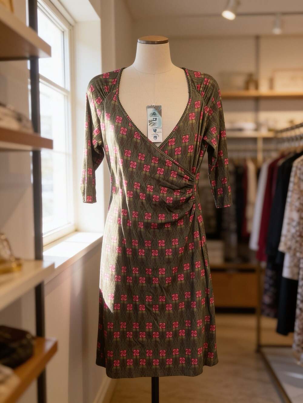 Lafamour Women's Geometric Rose Print Wrap Style Jersey Dress M NWT